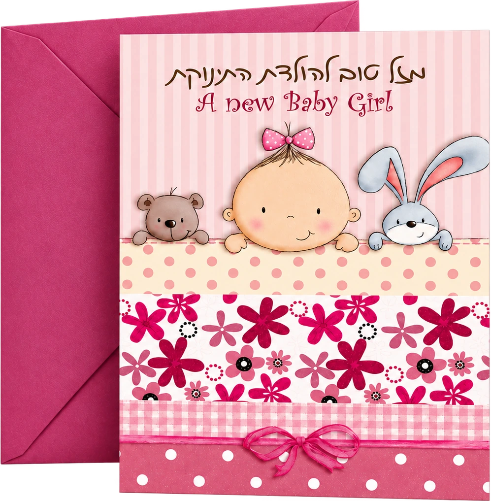 כרטיס ברכה להולדת תינוקת עם מעטפה ורודה — גרפיטי עיצובים